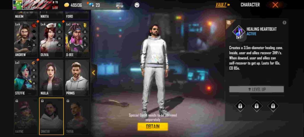 Dimitri character ability in freefire